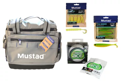 Mustad Game Time pergetőtáska szett csalikkal és fluorocarbonnal